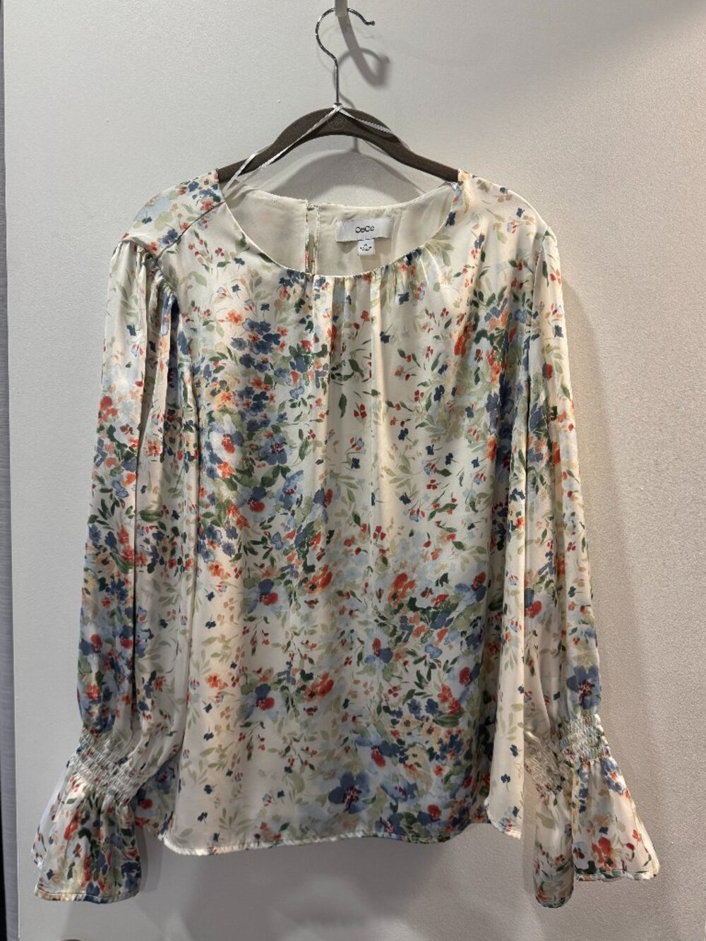 Cece Floral Ruffle cuff Charmeuse Top- X-LARGE